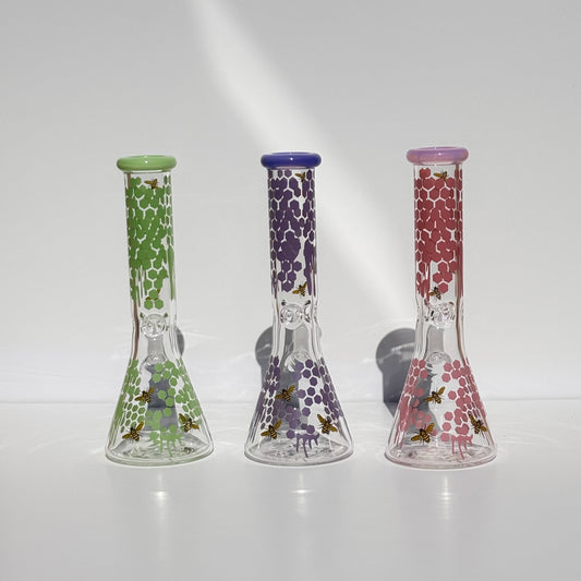 Bee Beaker Bong w/Dripping Honeycomb Decal